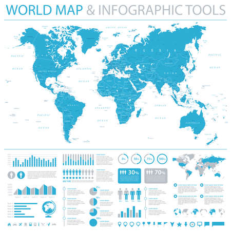 Vintage World Map and Infographic Elements - Detailed Vector Illustrationのイラスト素材