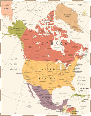 North America Map - Vintage Detailed Vector Illustrationのイラスト素材