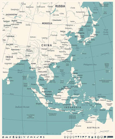 East Asia Map - Vintage Detailed Vector Illustrationのイラスト素材