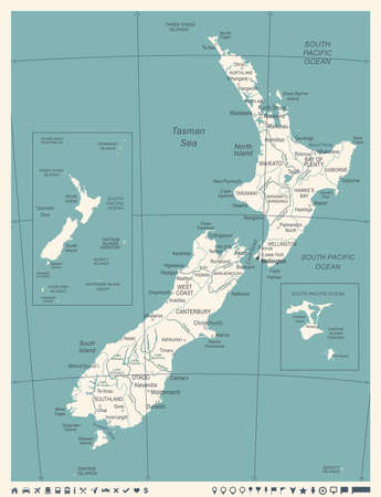 New Zealand Map - Vintage Detailed Vector Illustrationのイラスト素材