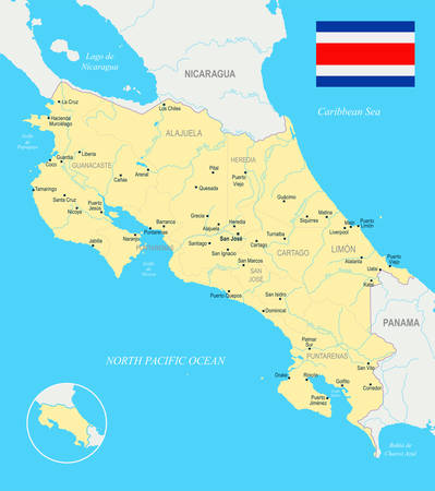 Costa Rica map and flag - High Detailed Vector Illustrationのイラスト素材