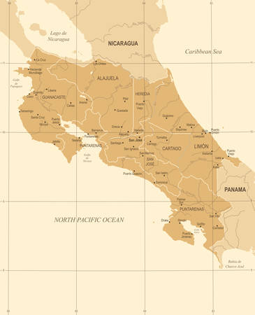 Costa Rica Map - Vintage High Detailed Vector Illustrationのイラスト素材