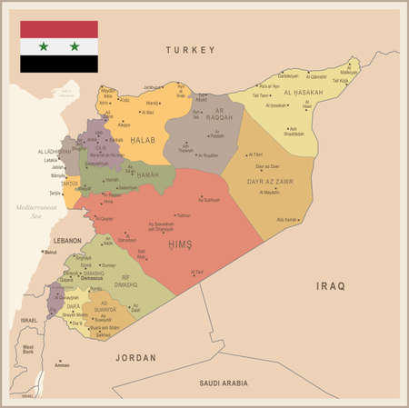 Syria - vintage map and flag - High Detailed Vector Illustrationのイラスト素材
