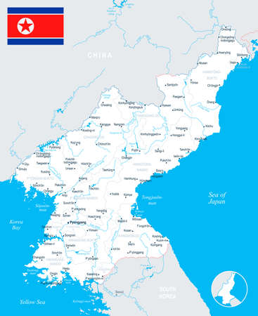 North Korea map and flag High Detailed Vector Illustrationのイラスト素材
