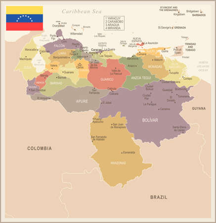 Venezuela  in vintage map and flag  in High Detailed Vector Illustrationのイラスト素材
