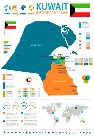 Kuwait, infographic map and flag - High Detailed Vector Illustrationのイラスト素材