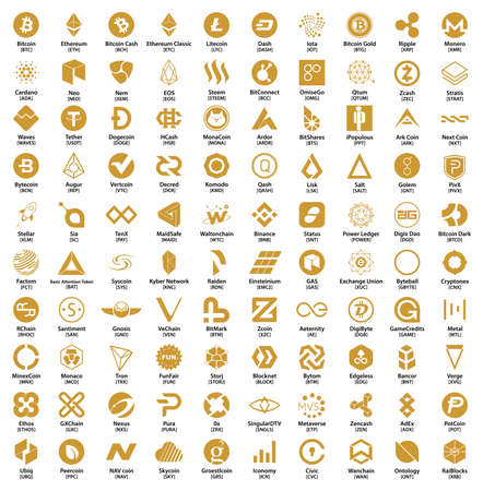 Crypto currency blockchain assets vector logo set golden isolated on white backgroundのイラスト素材