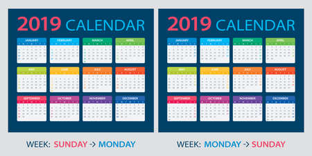 Calendar 2019 - Week starts: on Sunday, Week starts on Monday - vector illustrationのイラスト素材