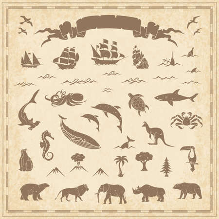 Ancient Vintage Retro Map Maritime Animal Nature Element Set - Vectorのイラスト素材