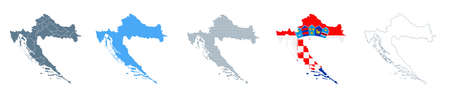 Croatia Map Set - Vector Solid, Contour, Regions, Flag Pixels Illustrationのイラスト素材