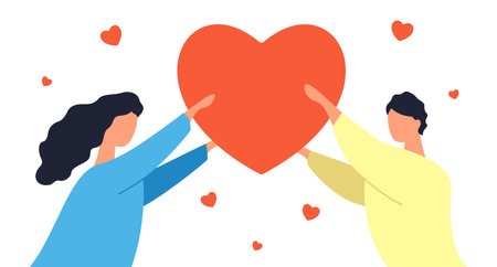 Valentines Day. Young Man and Woman Holding Heart. Girlfriend and Boyfriend. Couple Vector Illustrationのイラスト素材