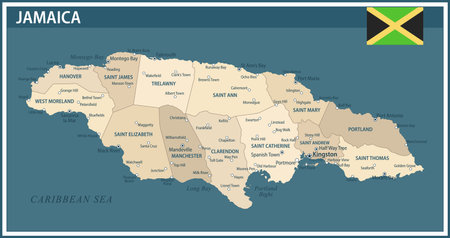 Jamaica Map Vector Vintage Dark Blue Beige - Customizable layered political map of Jamaica with administrative divisions for website, education, reports, news, politics, print, poster and wallpaperのイラスト素材