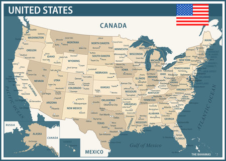 United States Map Vector Vintage Dark Blue Beige - Customizable layered political map of United States with administrative divisions for website, education, reports, news, politics, print, posterのイラスト素材