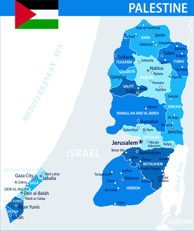 Palestine Map Vector Blue Spot - Customizable layered political map of Palestinian territories with administrative divisions for website, education, reports, news, politics, print, posterのイラスト素材