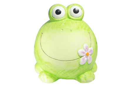 Ceramic green frog on a white background, handmade piggy bankの写真素材