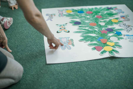 New Year in kindergarten. Kids Christmas crafts idea. Children winter creativityの写真素材