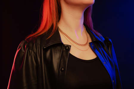 Fashion model girl in neon light, beautiful model woman with make-up, Art design of female disco dancing, posing in UV, colorful make up. Night club, Partyの写真素材