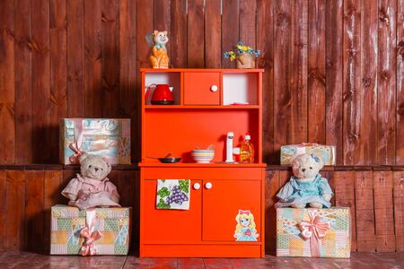 Red children's kitchen set for girls with toysの写真素材