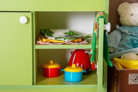 Green children's kitchen set for girls with toysの写真素材
