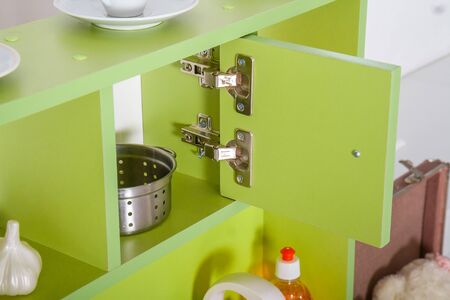 Green children's kitchen set for girls with toysの写真素材