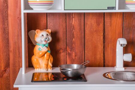 White with green doors children's kitchen set for girls with toysの写真素材