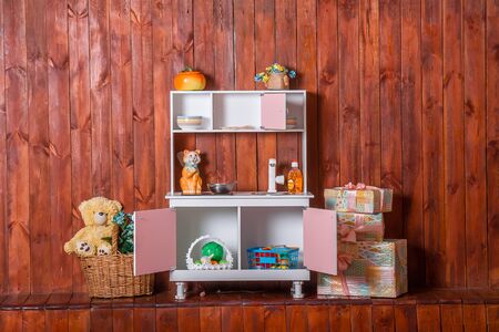 Pink children's kitchen set for girls with toysの写真素材