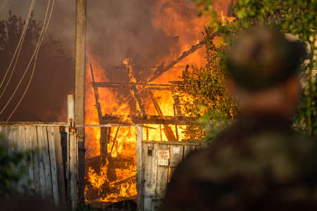 Flames from a burning house, a strong terrible fireのeditorial素材