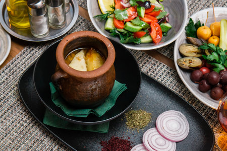 Hearty and tasty soup in a tall clay pot in a restaurantの写真素材