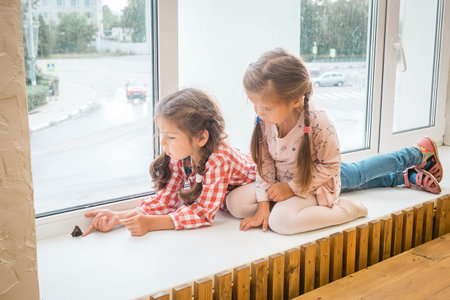 Two little girls sit on the windowsill and look at the swallowtail butterflyの写真素材