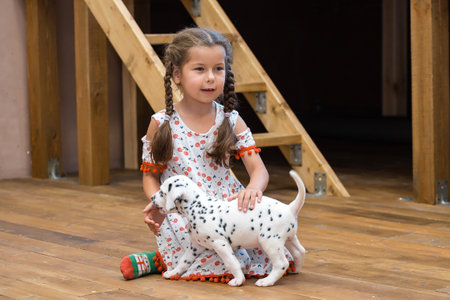 Little girl in a dress plays with a dalmatian puppy.の写真素材