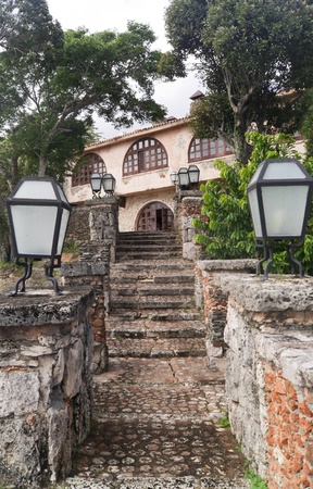 THE OLD STAIRCASE IN SMALL COLONIAL TOWN ALTOS DE CHAVONの写真素材