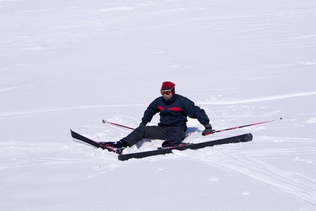 Young man is learning to ski in Palandoken, turkish ski resort.の写真素材