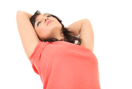 Portrait of relaxing young girl in pink t-shirt の写真素材