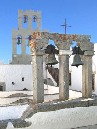 Bell tower of the Monastery St John the Theologian in Patmos island Greece. Unesco World Heritage Siteの写真素材
