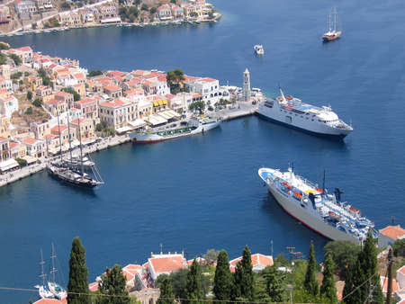 Aerial veiw on the vessels in the harbor of the Greek city