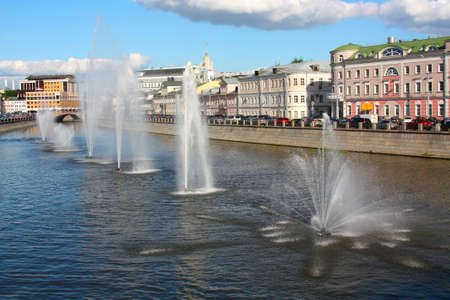 Row of water fountains in the middle of the river in Moscowの写真素材