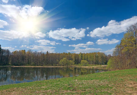 Northern spring landscape  Meadow, pool and forest on the backgroundの写真素材
