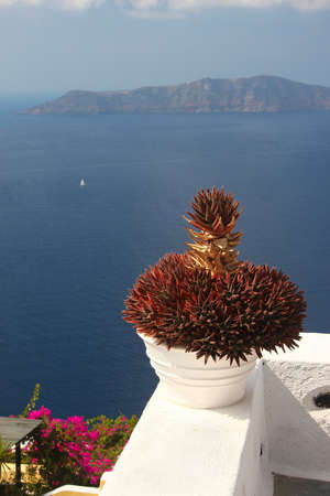 View at the caldera from steps in  Santorini, Greeceの写真素材
