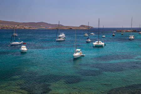 Yachts at anchor at Syros island, Cycladesの写真素材