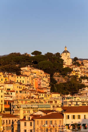 View a traditional mediterranean town at sunrise. Sanremo, Italyの写真素材