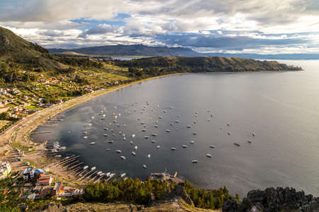 Aerial view at the Titicaca lake.  Copacobana, Boliviaの写真素材