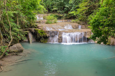 Tropical waterfall with increadibly blue water. Erawan, Thailandの写真素材