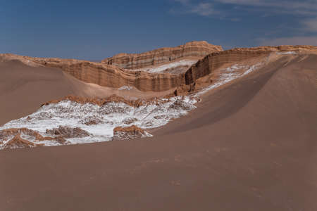 Dunes and rock formations covered with dry salt in Valle de la Luna, Atacama, Chileの写真素材