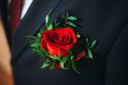 Bridal bouquet of red roses isolated on whiteの写真素材