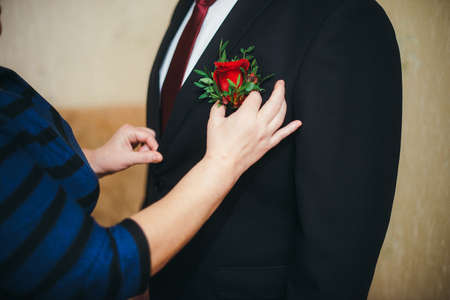 Bridal bouquet of red roses isolated on whiteの写真素材