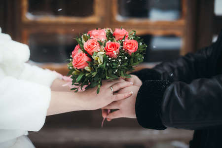 Bridal bouquet of red roses isolated on whiteの写真素材