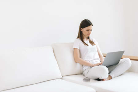 Serious young woman freelancer sitting on soft sofa, freelance from home, typing email on laptop. Focused adult girl using computer for study online at home. Female user busy on distance internet jobの写真素材