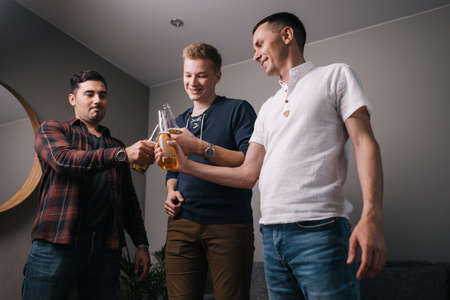 Group of cheerful young people clinking bottles of beer and smiling while resting at living room