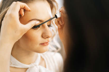 Close-up of professional make-up artist putting shadows on eyelids in beauty salon. Concept of...