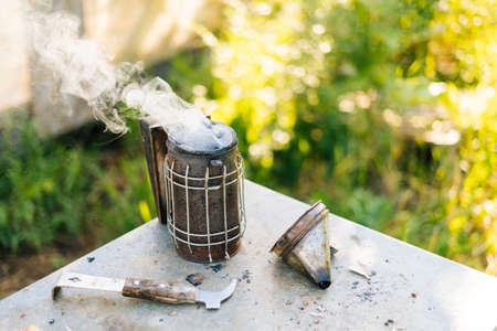 Close-up of bee smoker blowing smoke in wind against background of green grass and bright sunlight on summer day at beekeeper apiary.の写真素材